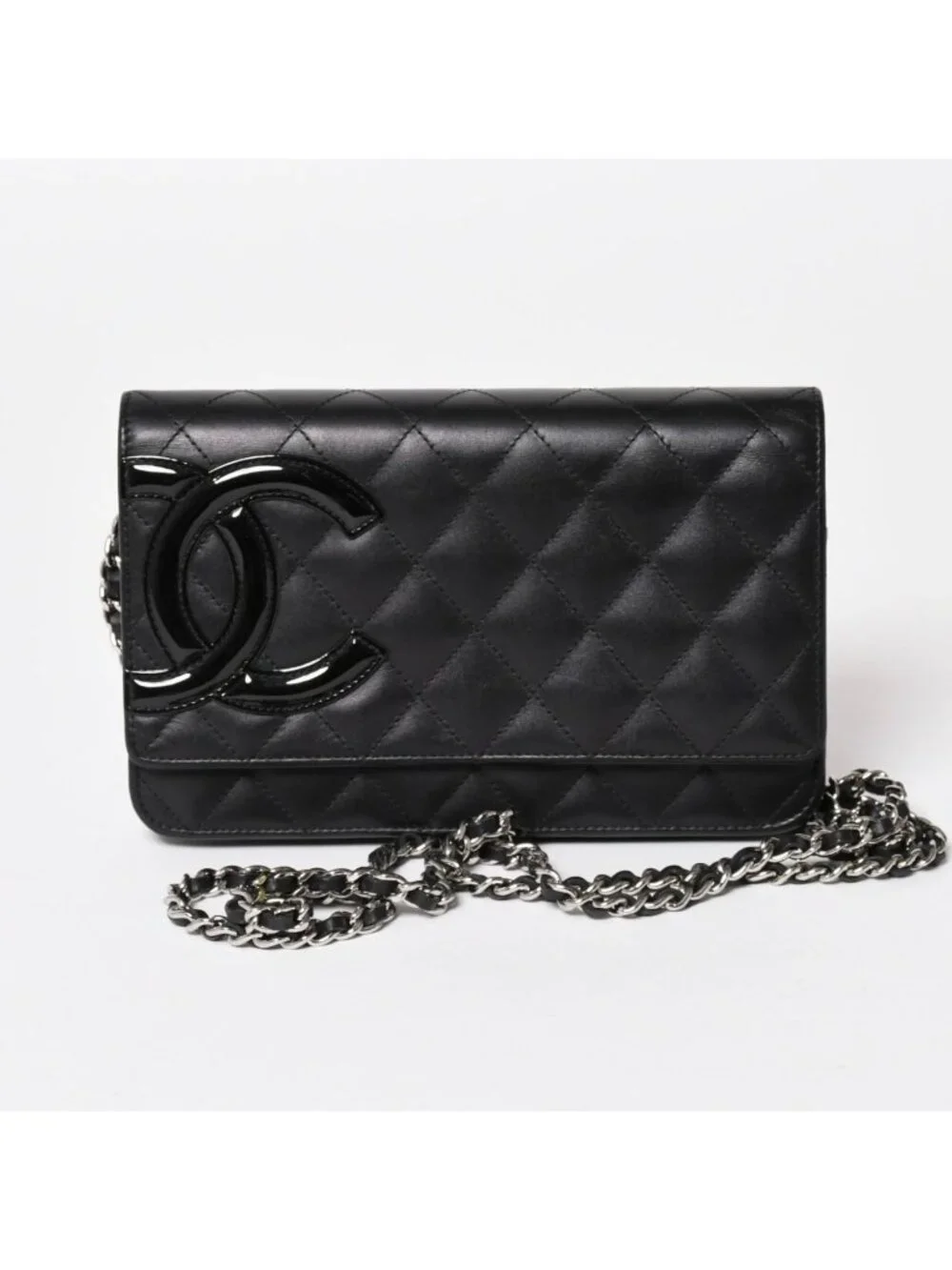 Chanel Cambon Line Chain Wallet Quilted Lambskin CC Logo Patent Black Pink